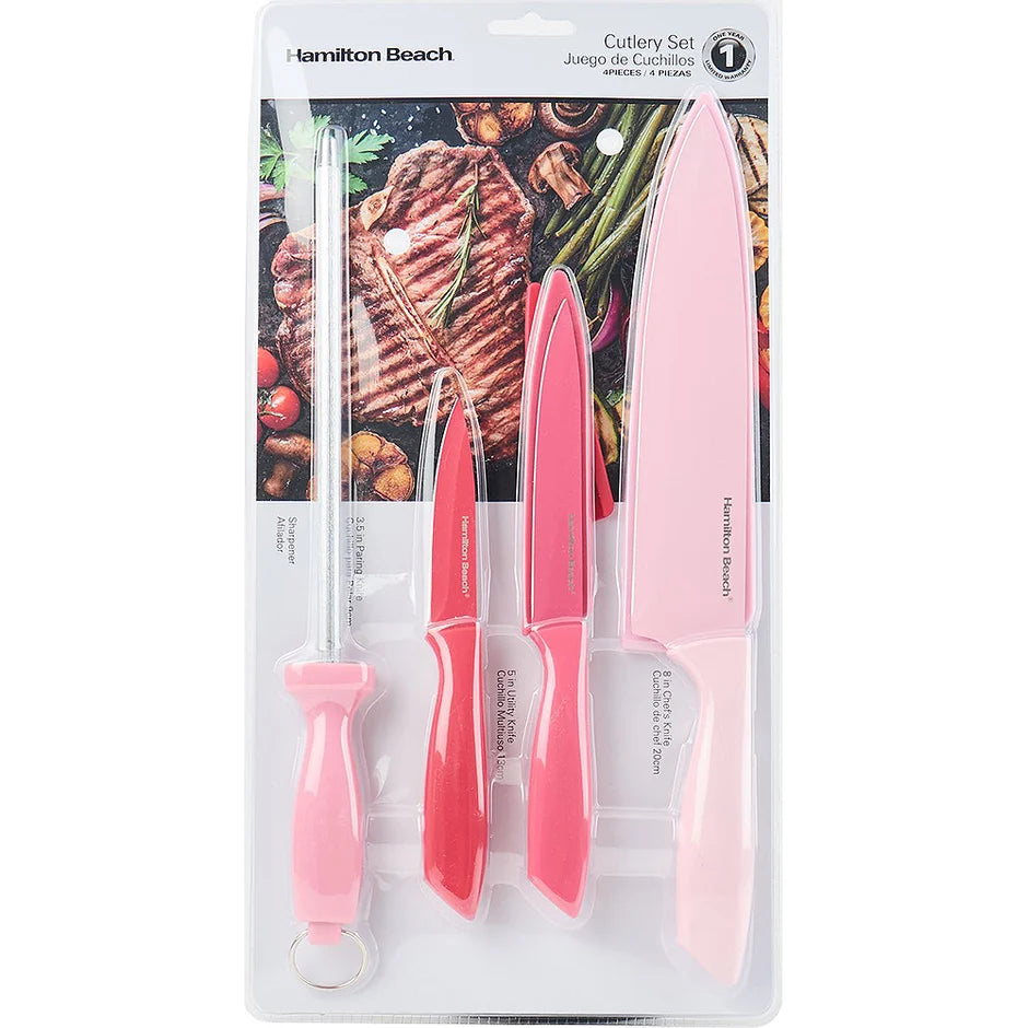 Juego de cuchillos acero inoxidable 4 piezas color rosa Hamilton Beach