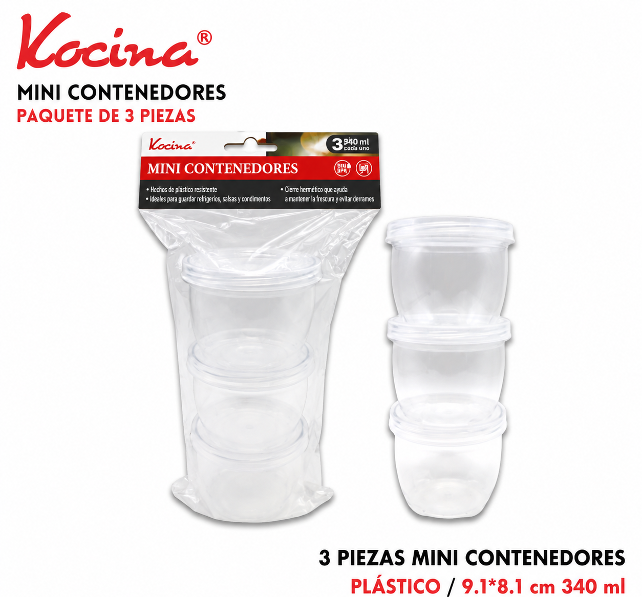 Set de 3 mini contenedores con tapa 34 ml