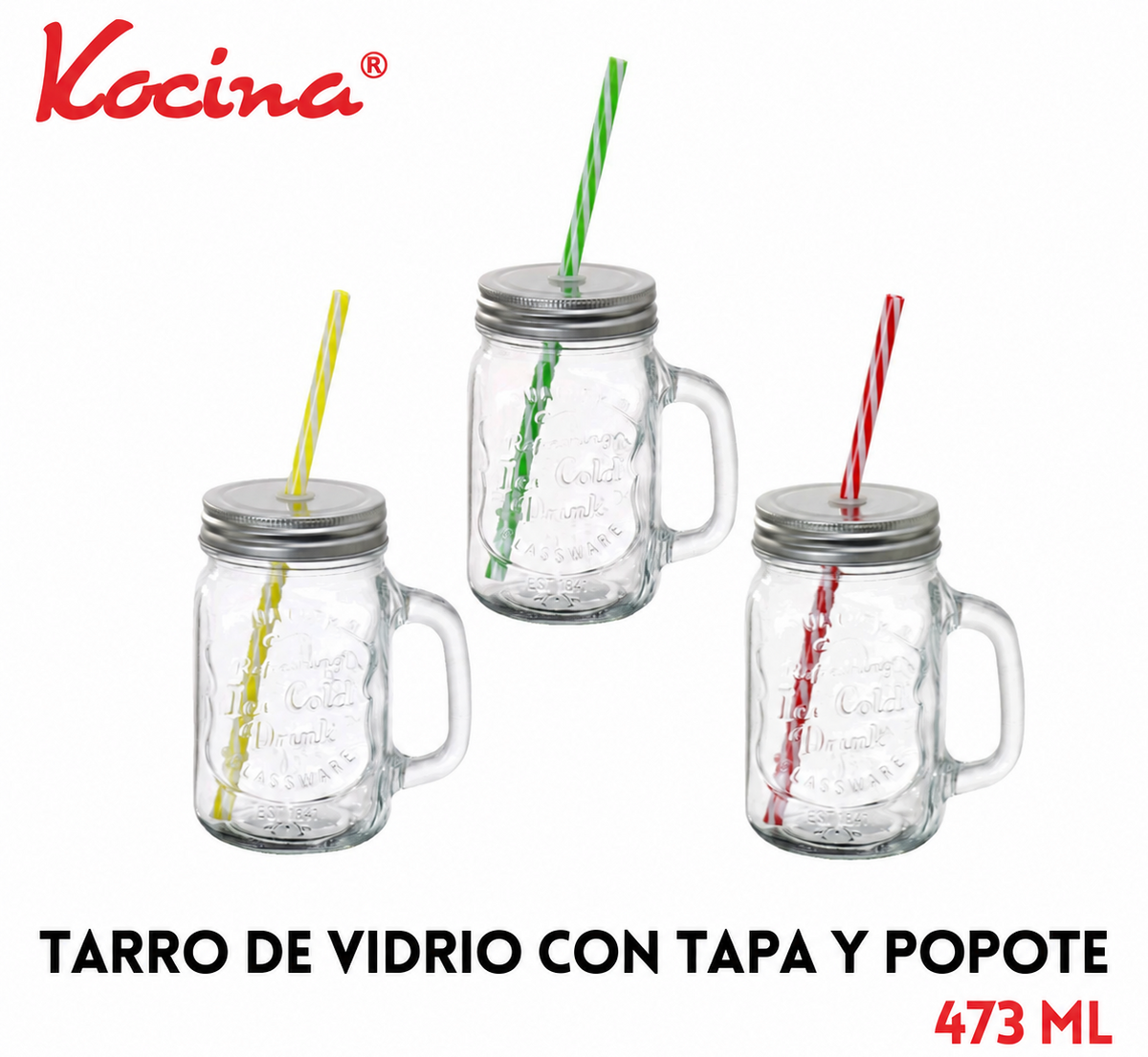 Tarro de vidrio con tapa y popote 473 ml