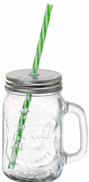 Tarro de vidrio con tapa y popote 473 ml