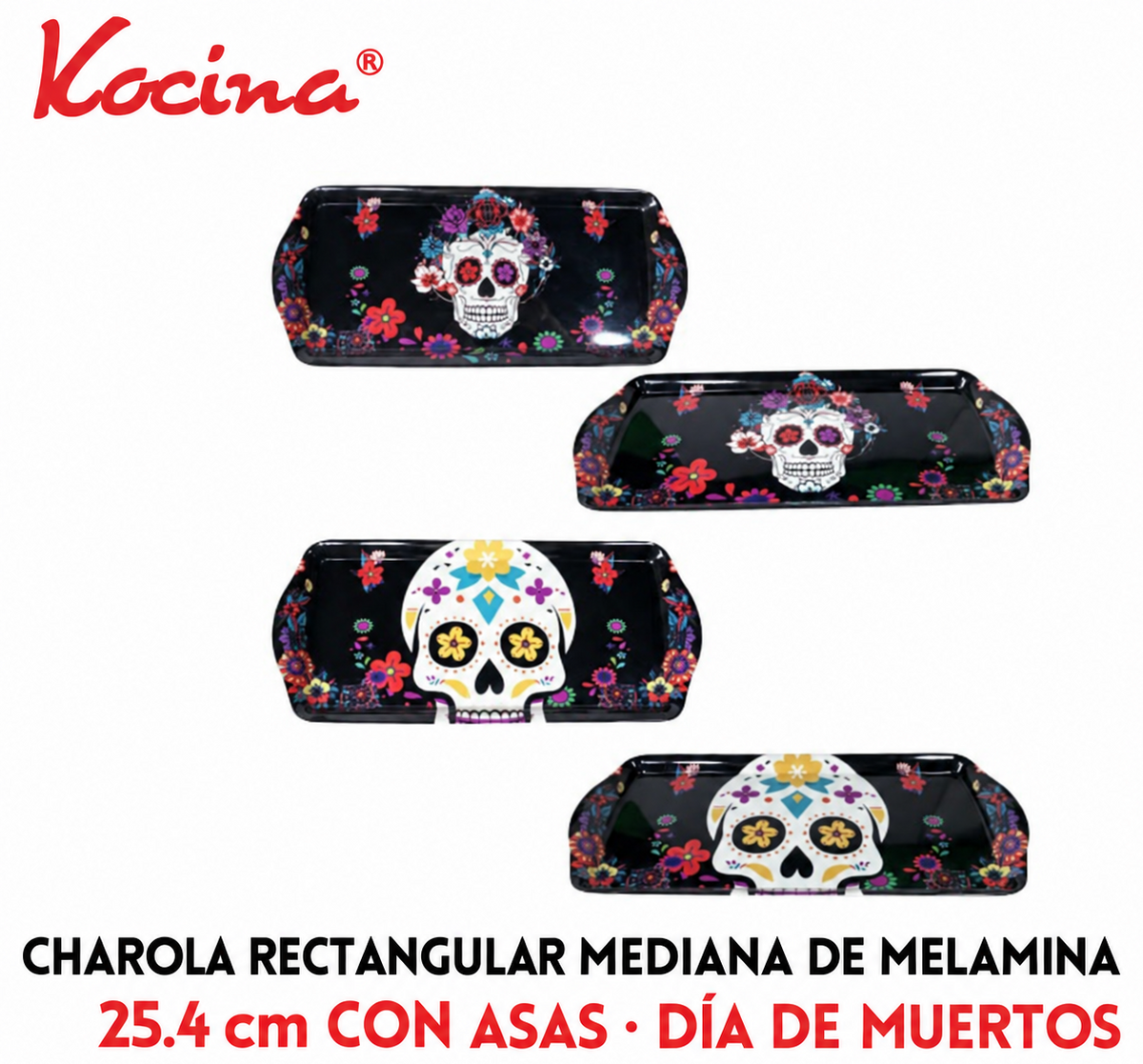 Charola rectangular mediana de melamina con asas día de muertos