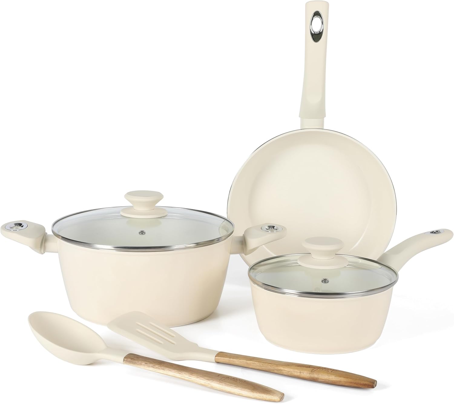 Juego de utensilios de cocina de aluminio forjado Gibson Home Plaza Café de 7 piezas en lino