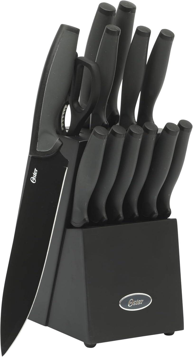 Juego de 14 cuchillos de acero inoxidable de alto carbono, color negro Oster Slicecraft