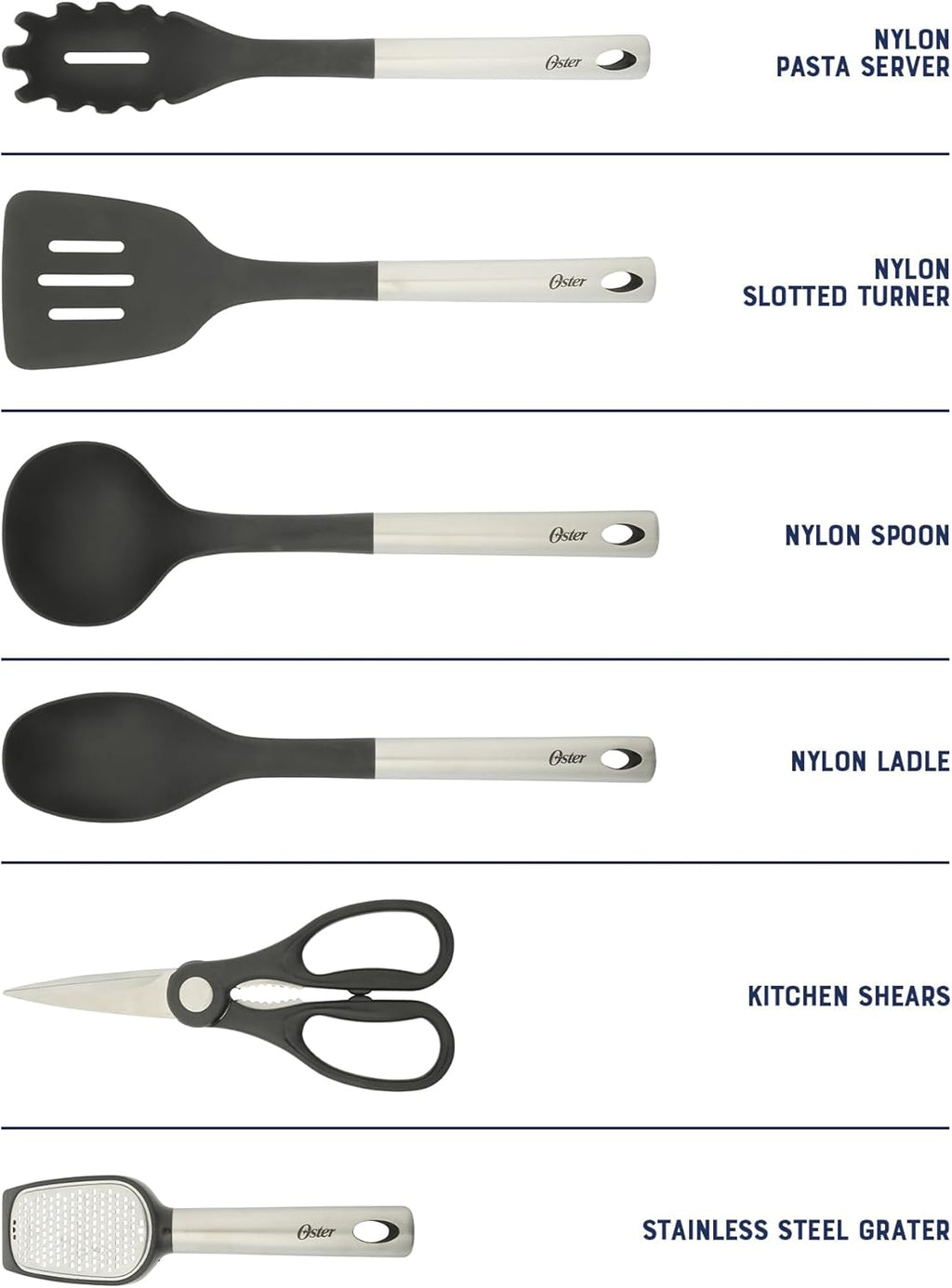 Juego de utensilios de cocina y cubiertos de acero inoxidable y nailon de 12 piezas Oster Baldwyn
