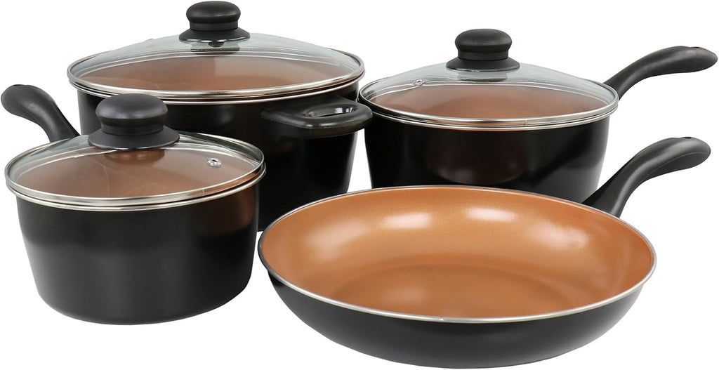 Juego de utensilios de cocina antiadherentes de acero al carbono Gibson Home Armada de 7 piezas en negro y cobre