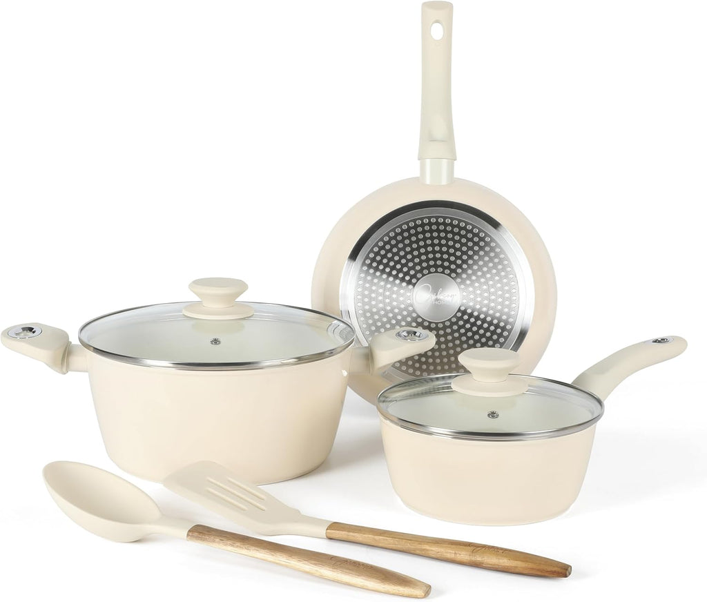 Juego de utensilios de cocina de aluminio forjado Gibson Home Plaza Café de 7 piezas en lino