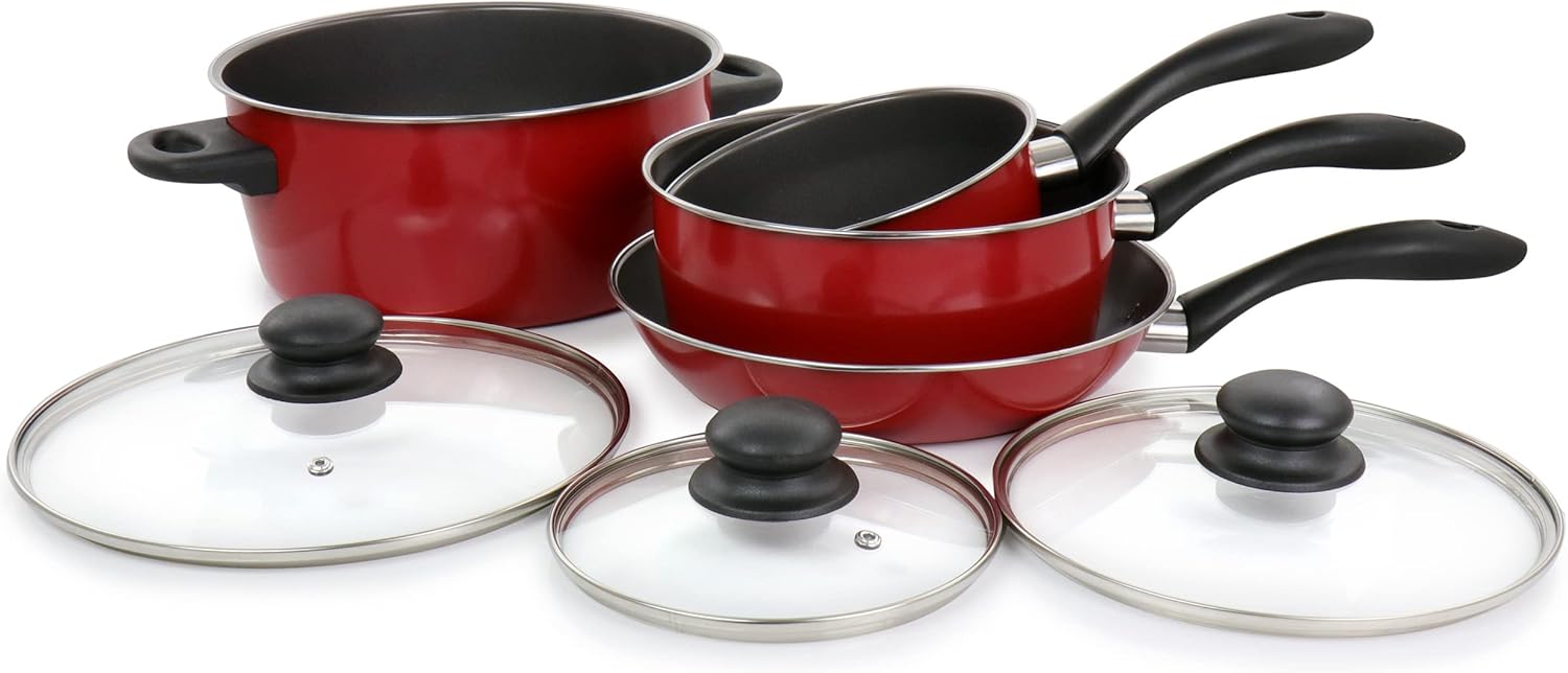 Juego de utensilios de cocina antiadherentes de acero al carbono Gibson Home Armada de 7 piezas en color rojo
