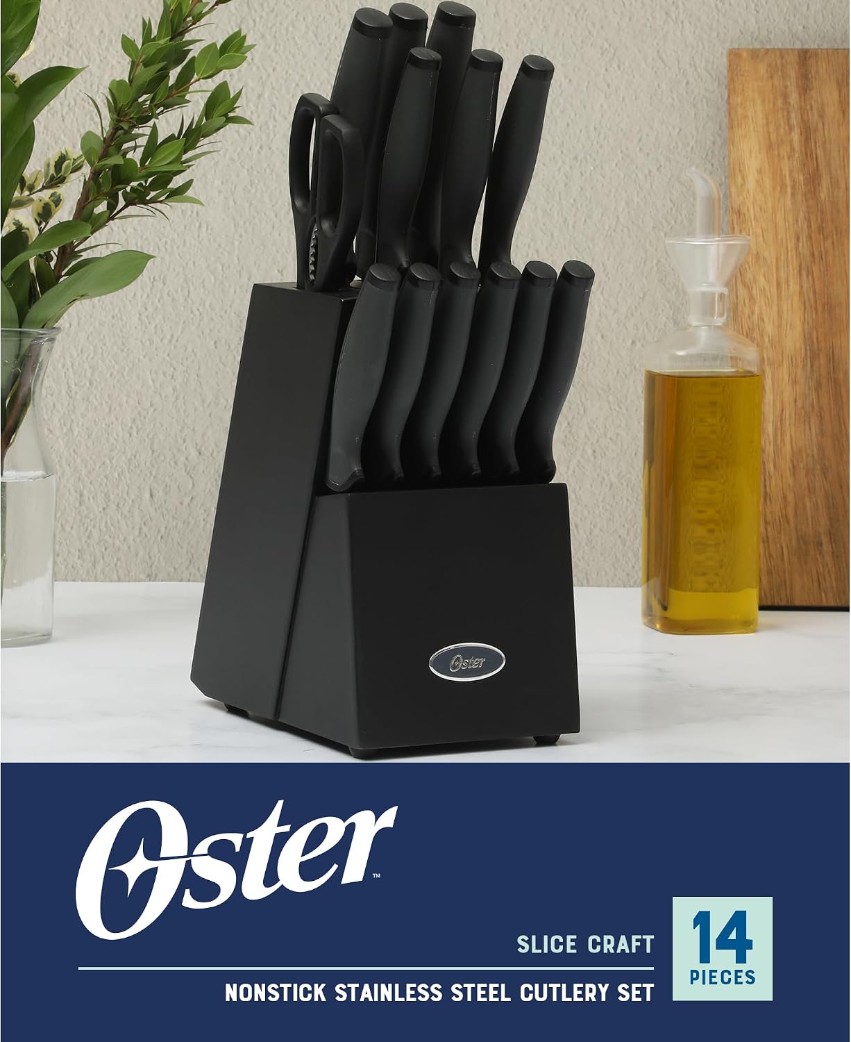 Juego de 14 cuchillos de acero inoxidable de alto carbono, color negro Oster Slicecraft