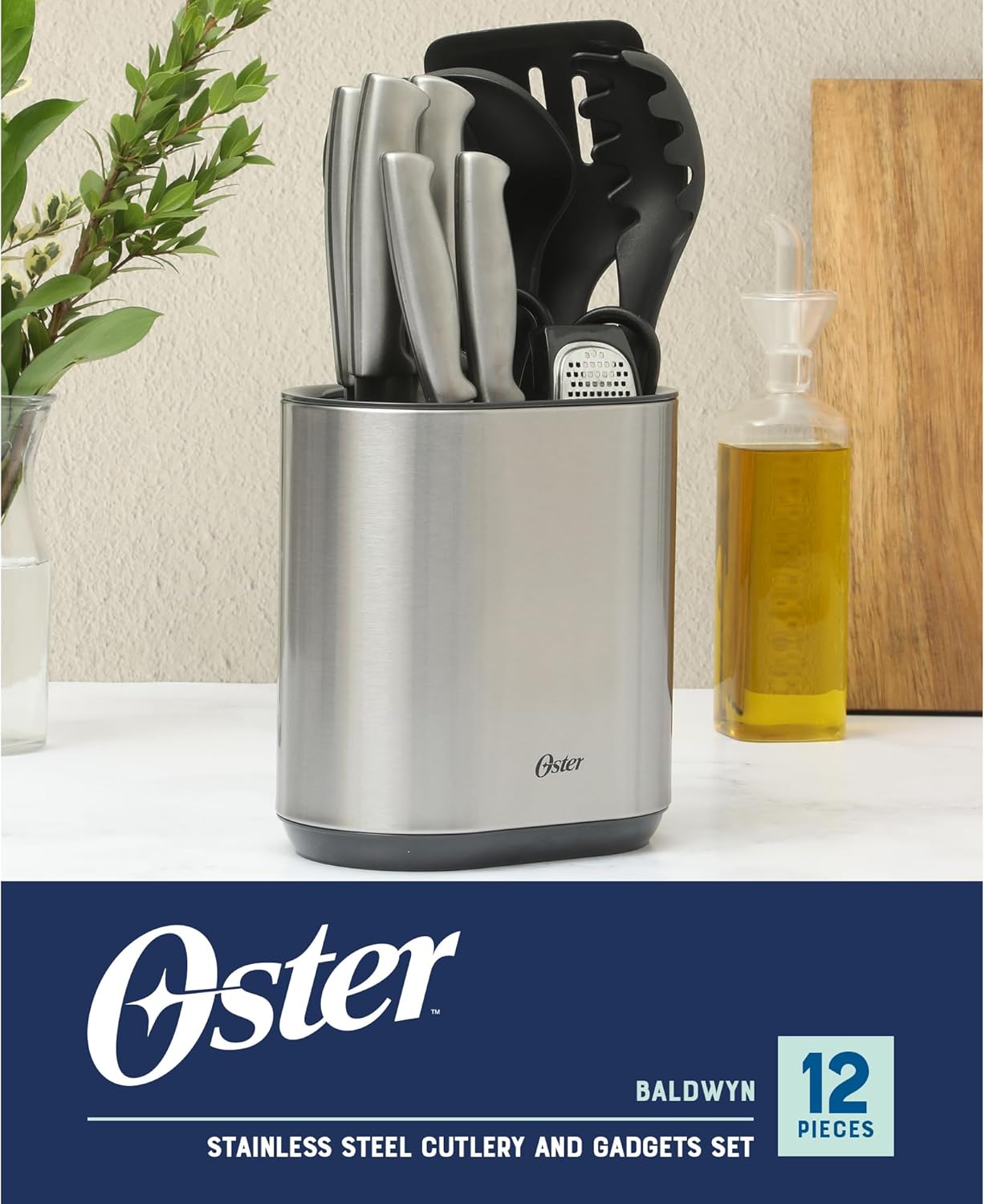 Juego de utensilios de cocina y cubiertos de acero inoxidable y nailon de 12 piezas Oster Baldwyn