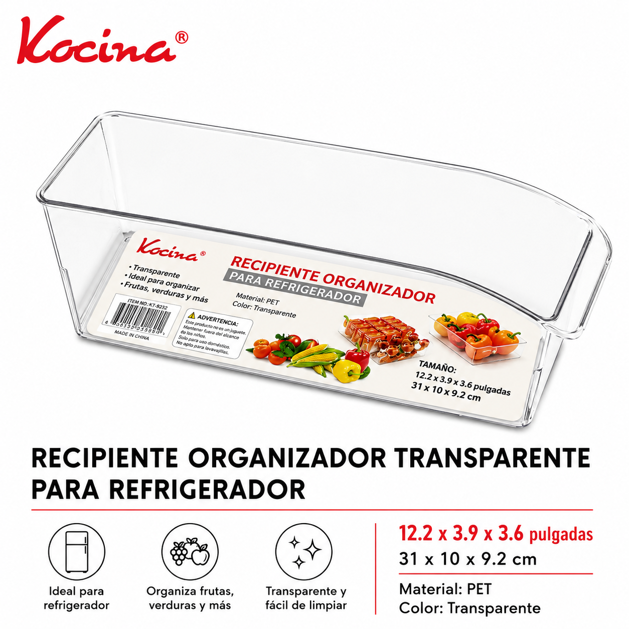 Recipiente organizador transparente para refrigerador