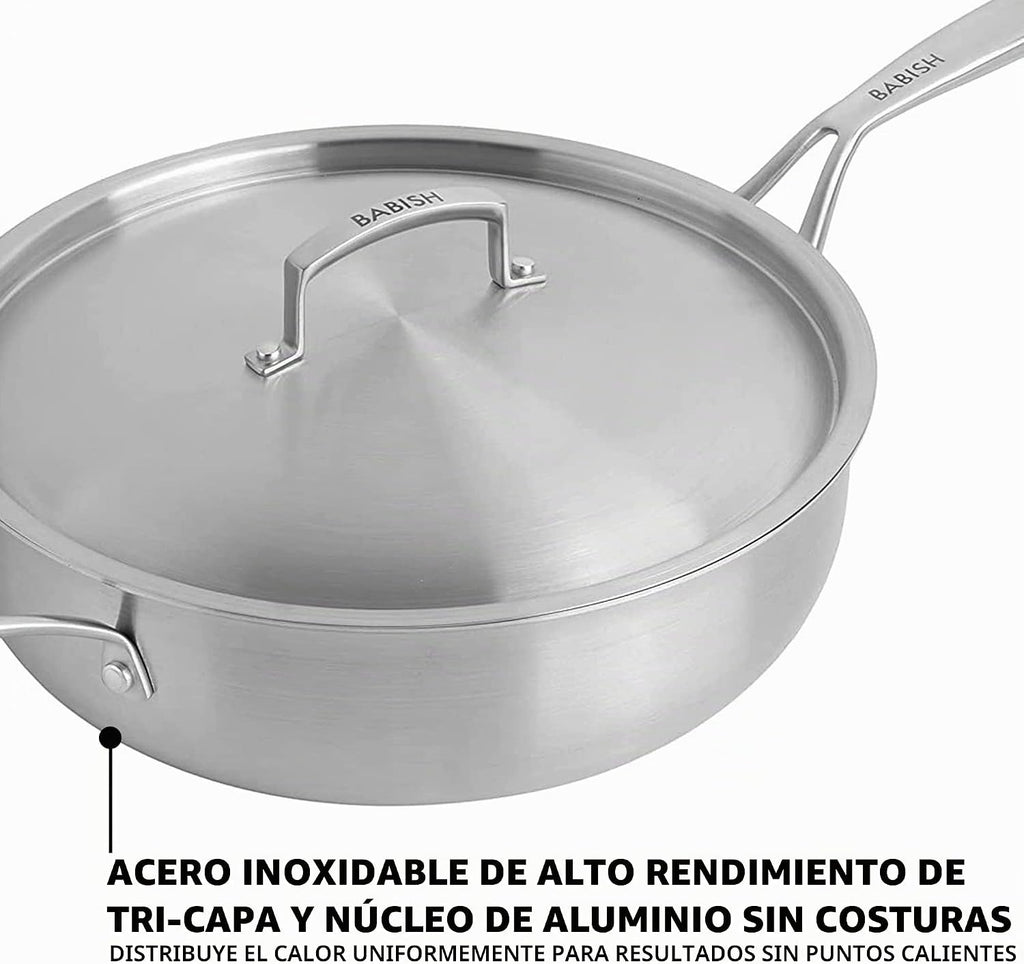 Sartén de acero inoxidable de tres capas Babish de 5 cuartos con tapa