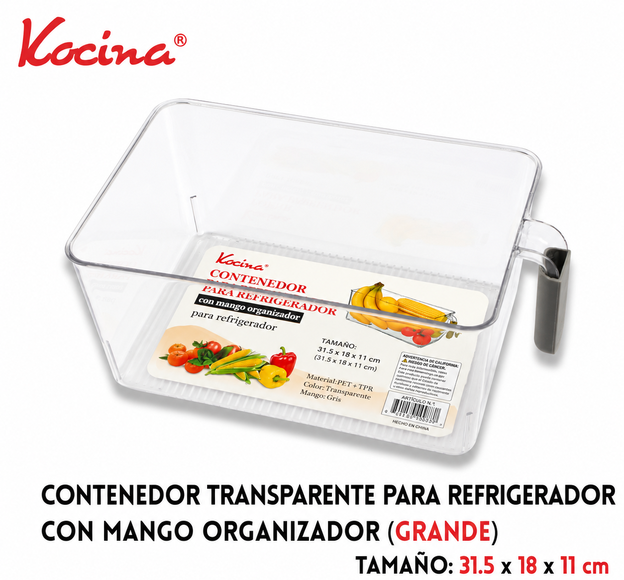 Contenedor transparente para refrigerador con mango organizador