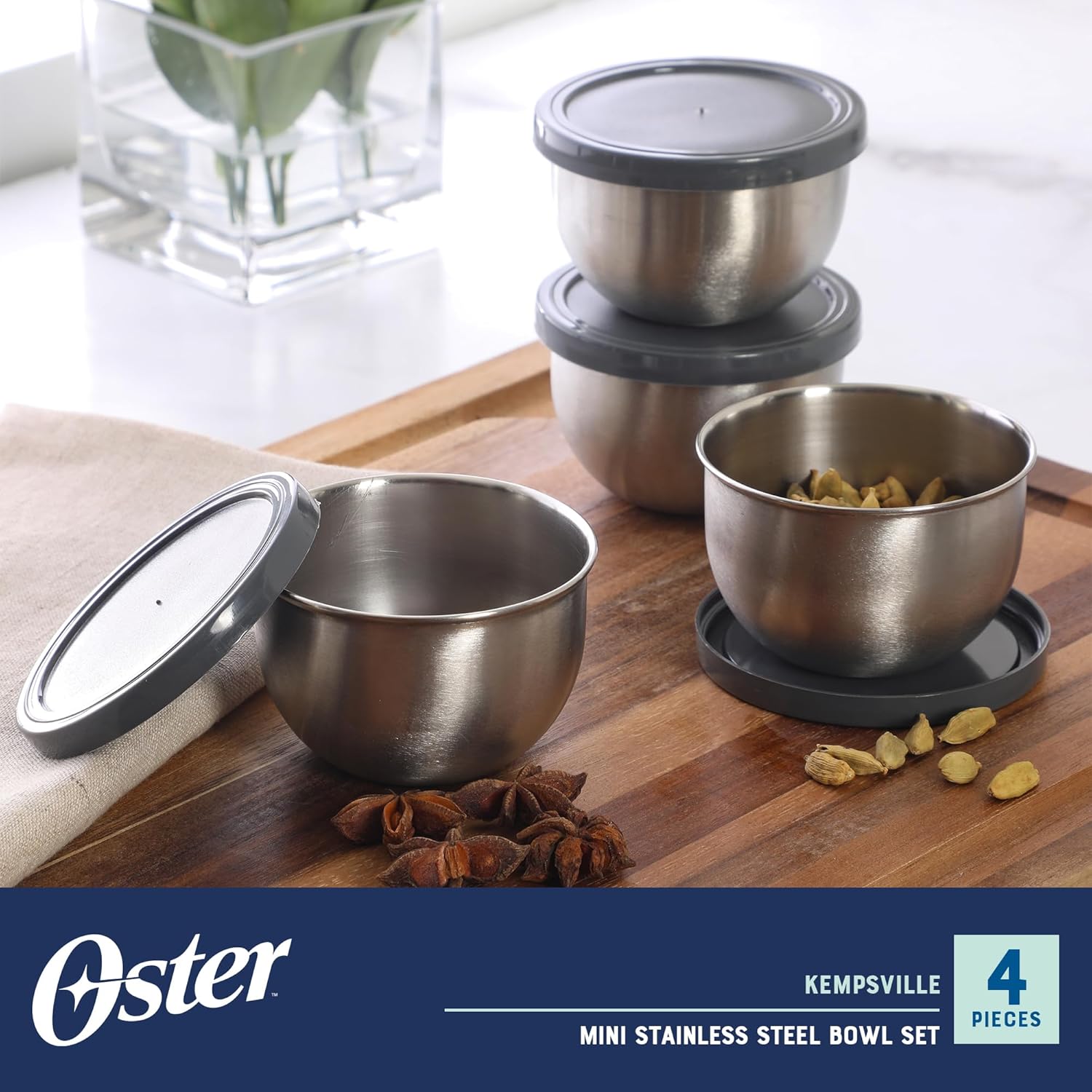 Mini bowls de acero inoxidable con tapas grises para almacenamiento