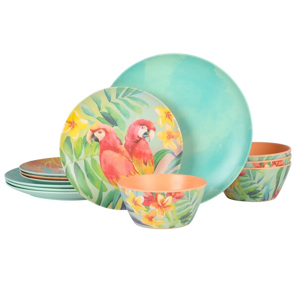 Vajilla de Melamina de 12 Piezas Laurie Gates Tropical Parrots