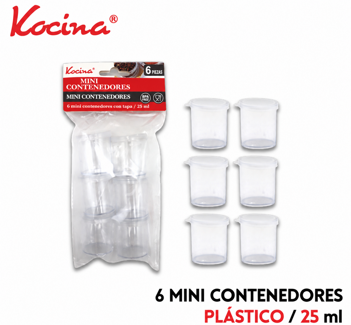 6 mini contenedores de plástico 25 ml