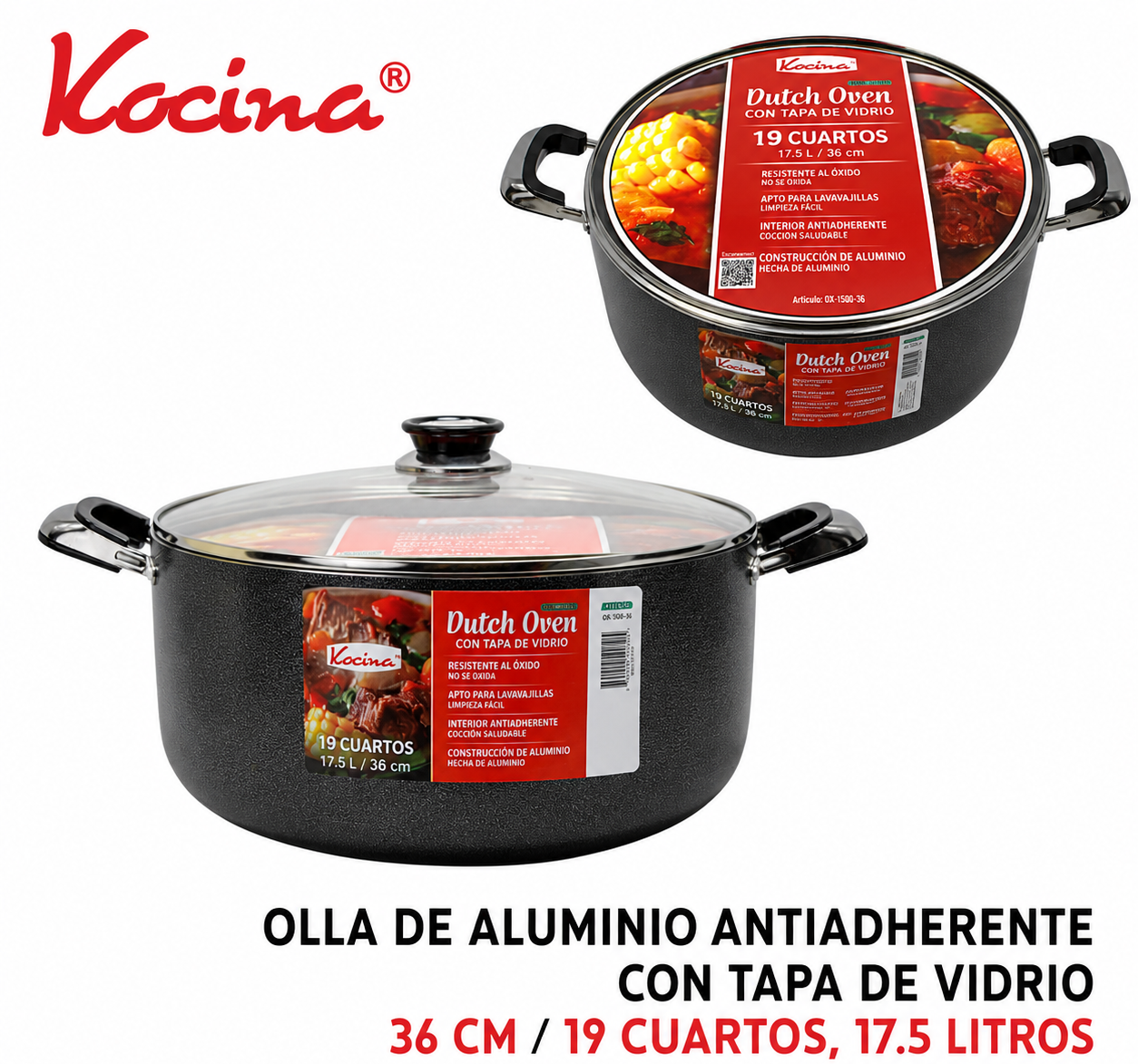 Olla de aluminio antiadherente con tapa de 17.5 l