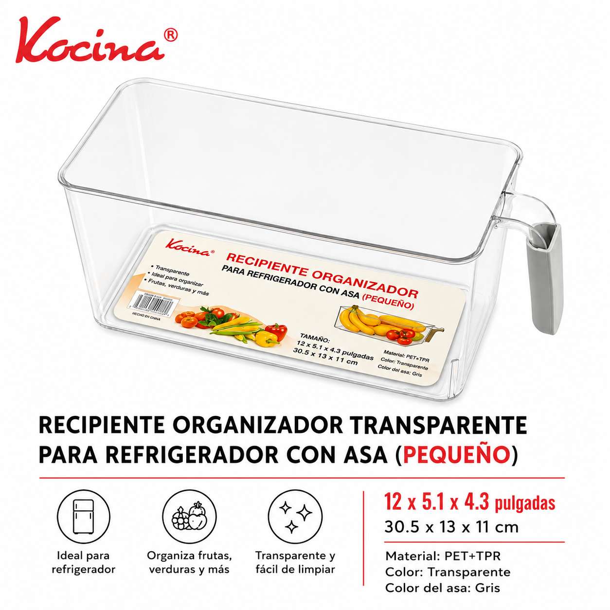 Recipiente organizador transparente para refrigerador con asa