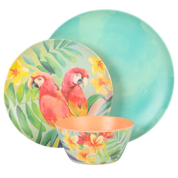 Vajilla de Melamina de 12 Piezas Laurie Gates Tropical Parrots