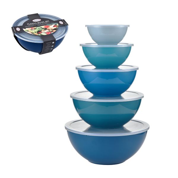 Juego de 5 bowls de plástico azul con tapas.