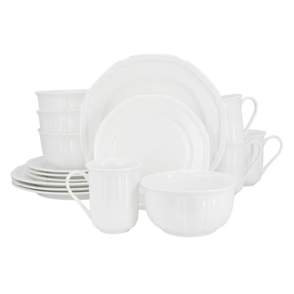 Juego de vajilla de porcelana fina Meritage Bavaria de 16 piezas con borde festoneado en blanco