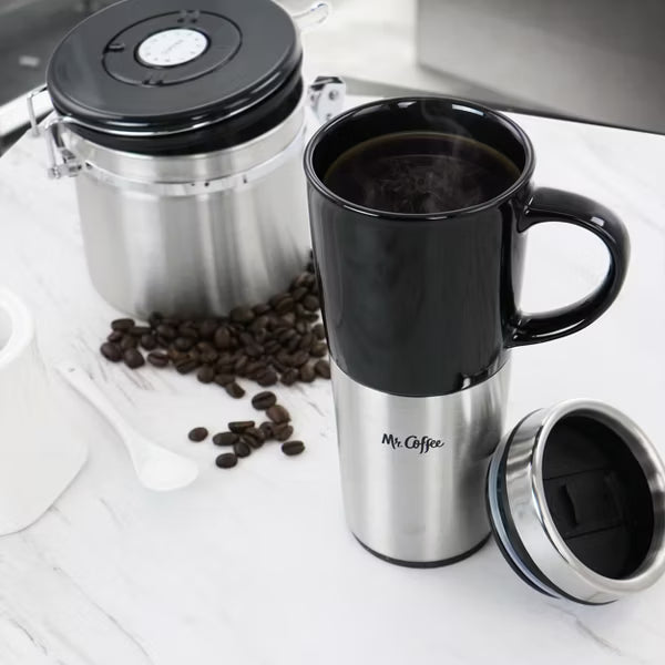 Taza de viaje Mr. Coffee de acero inoxidable y cerámica de 473 mililitros