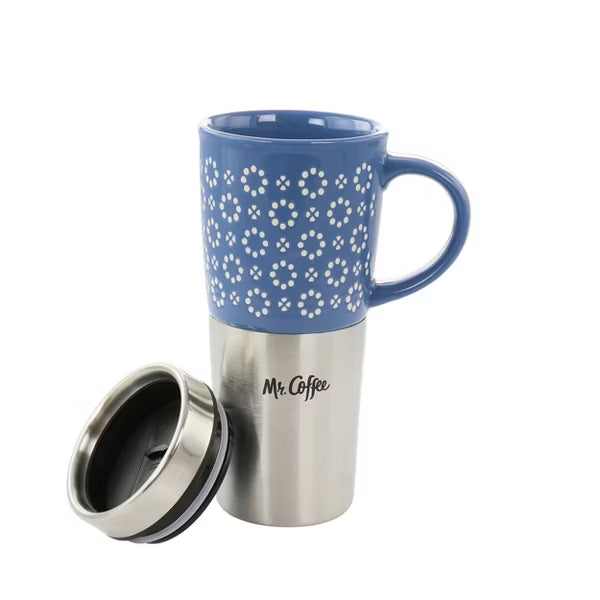 Taza de viaje Mr. Coffee Travertine de 16 onzas de cerámica y acero inoxidable con tapa en azul
