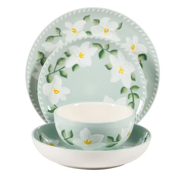 Juego de vajilla floral de 16 piezas con platos y cuencos de cerámica pintados a mano, de doble cuenco Bloomhouse Magnolia Bloom