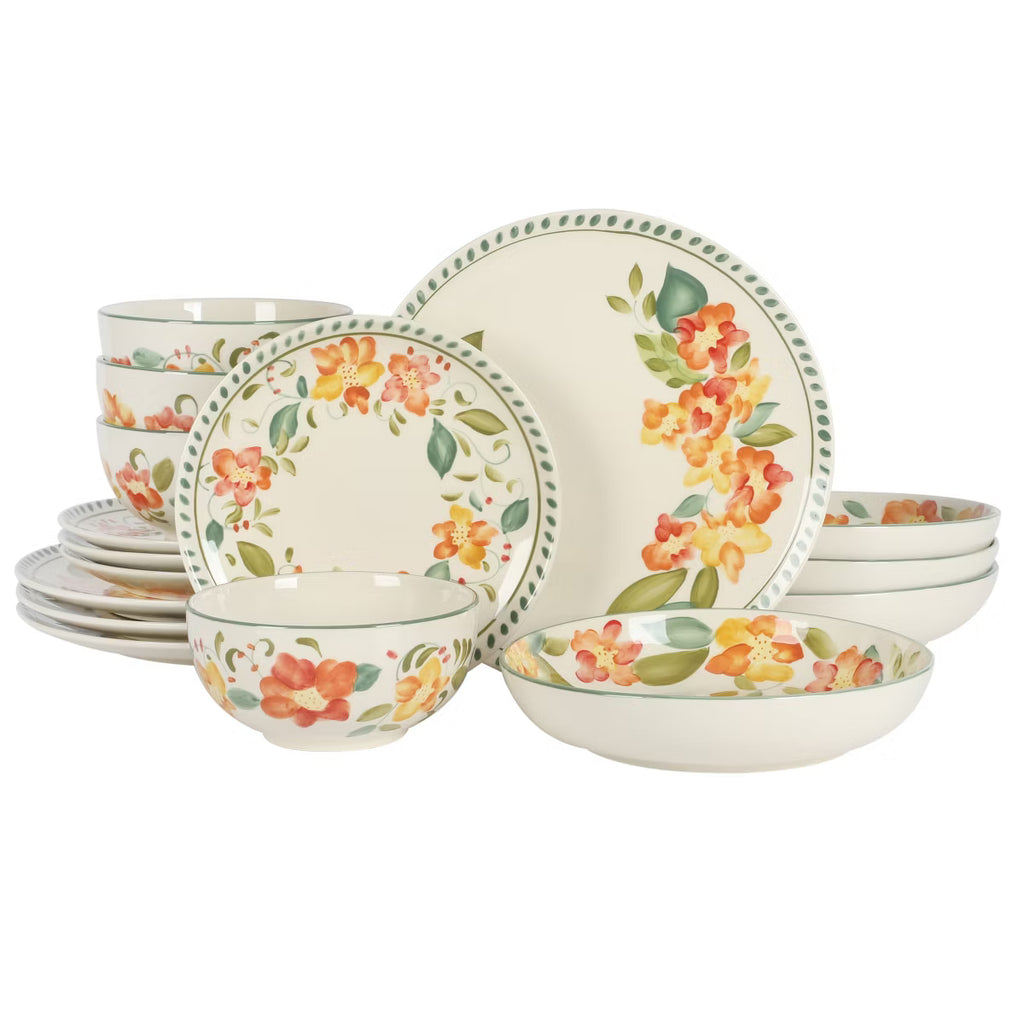 Juego de vajilla floral Bloomhouse Cassia Bud de 16 piezas con platos y cuencos de cerámica pintados a mano y doble cuenco.