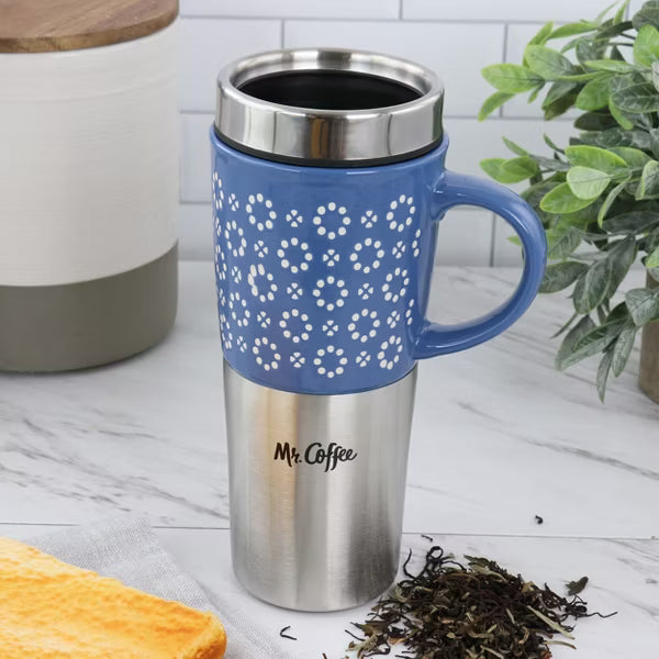 Taza de viaje Mr. Coffee Travertine de 16 onzas de cerámica y acero inoxidable con tapa en azul