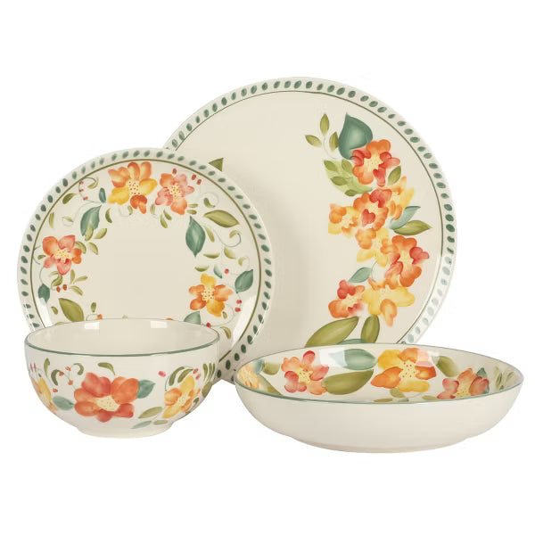Juego de vajilla floral Bloomhouse Cassia Bud de 16 piezas con platos y cuencos de cerámica pintados a mano y doble cuenco.