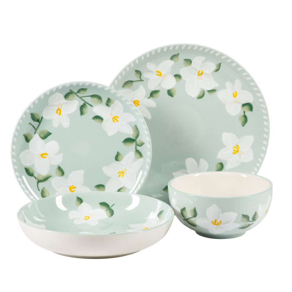 Juego de vajilla floral de 16 piezas con platos y cuencos de cerámica pintados a mano, de doble cuenco Bloomhouse Magnolia Bloom