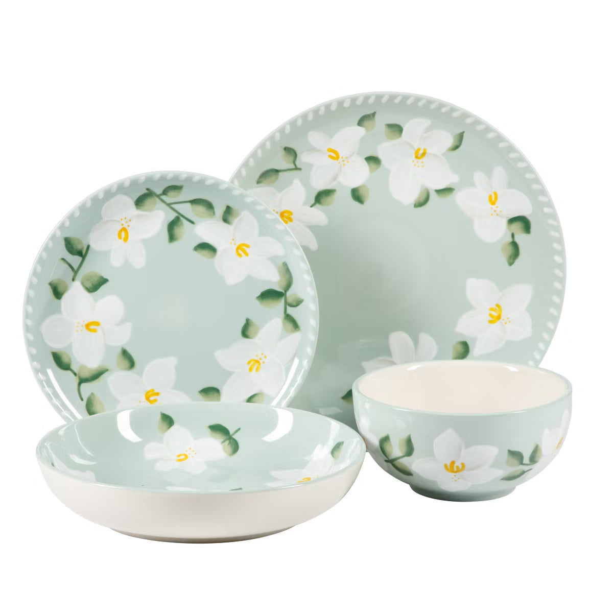 Juego de vajilla floral de 16 piezas con platos y cuencos de cerámica pintados a mano, de doble cuenco Bloomhouse Magnolia Bloom