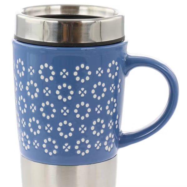 Taza de viaje Mr. Coffee Travertine de 16 onzas de cerámica y acero inoxidable con tapa en azul