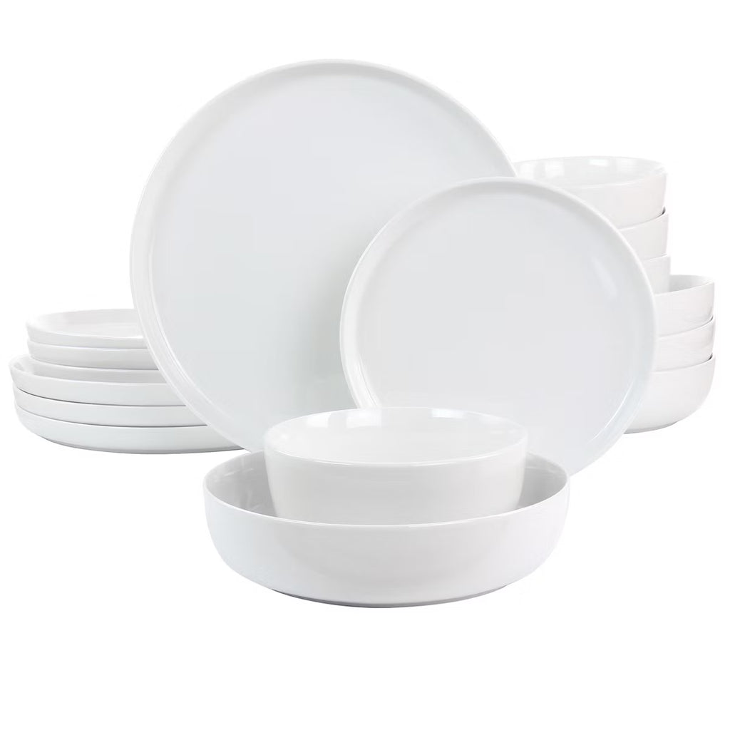 Juego de vajilla de cerámica fina Gibson Home White Deco de 16 piezas en blanco