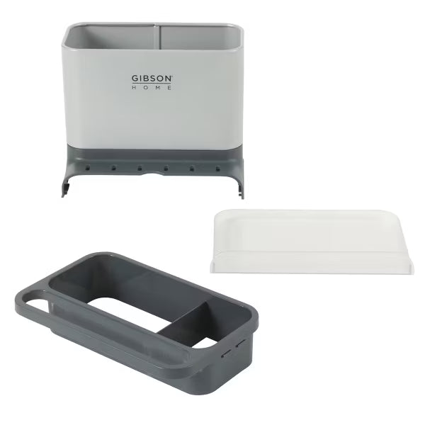 Organizador de fregadero Ledgebrook de Gibson Home con panel de metal y escurridor.