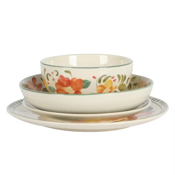 Juego de vajilla floral Bloomhouse Cassia Bud de 16 piezas con platos y cuencos de cerámica pintados a mano y doble cuenco.