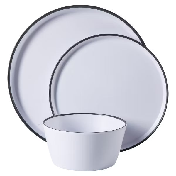 Juego de vajilla Gibson Home Folsom Shores de melamina moderna irrompible de 12 piezas, ideal para exteriores, camping y uso diario, blanco con borde negro.