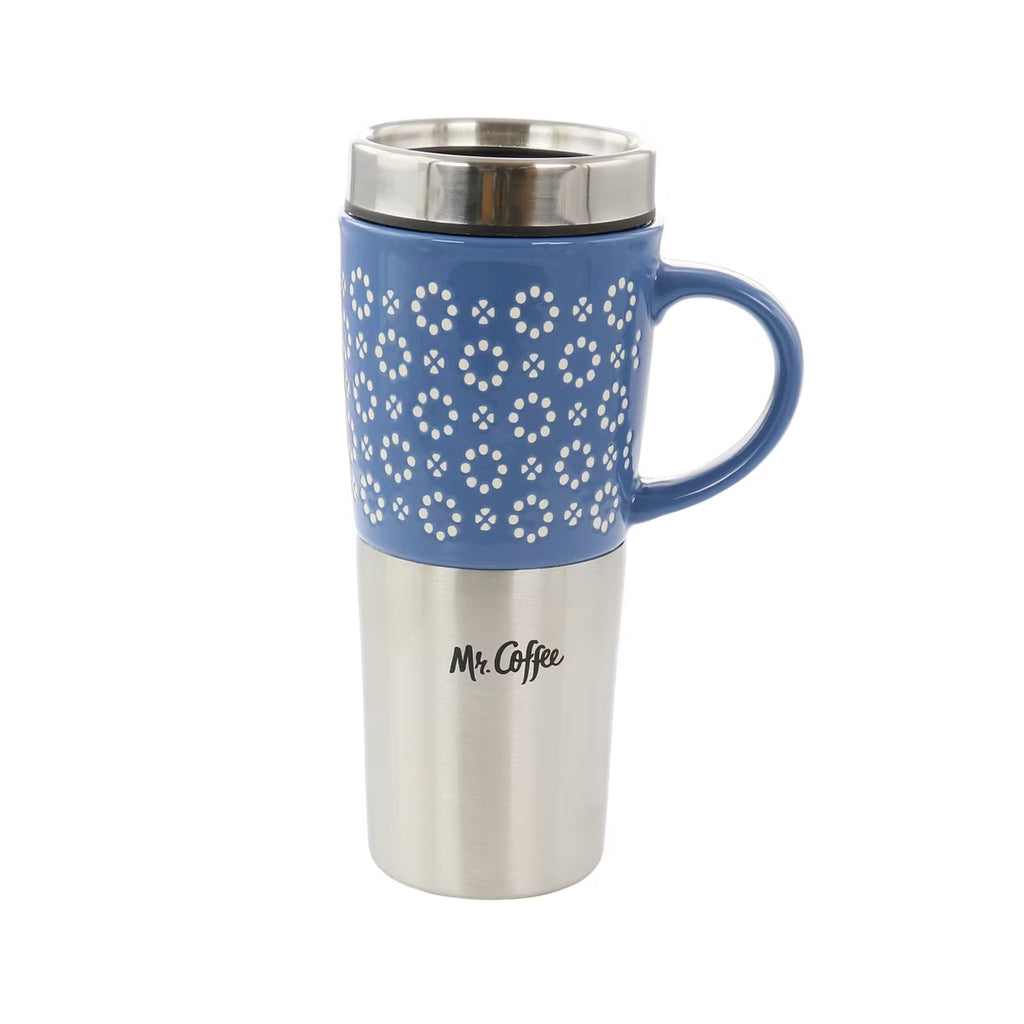 Taza de viaje Mr. Coffee Travertine de 16 onzas de cerámica y acero inoxidable con tapa en azul