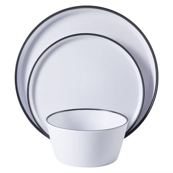 Juego de vajilla Gibson Home Folsom Shores de melamina moderna irrompible de 12 piezas, ideal para exteriores, camping y uso diario, blanco con borde negro.