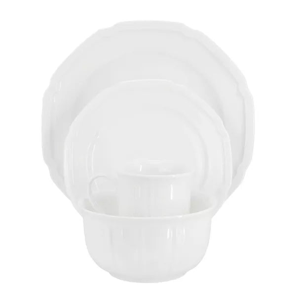 Juego de vajilla de porcelana fina Meritage Bavaria de 16 piezas con borde festoneado en blanco
