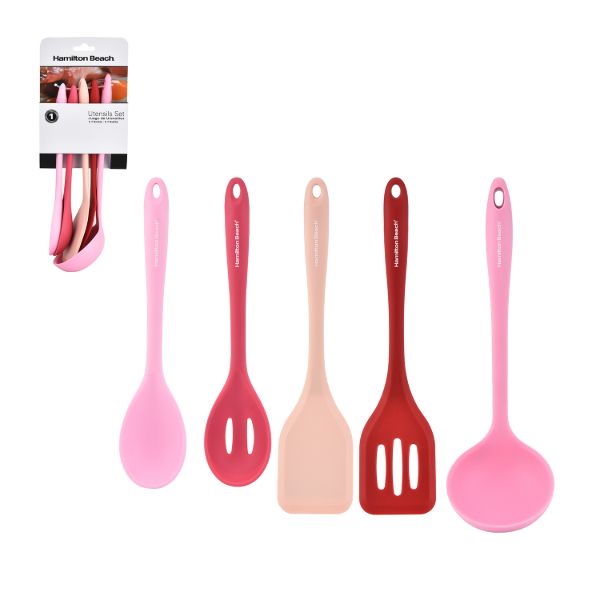 Juego de 5 utensilios de cocina de silicona Hamilton Beach color rosa.