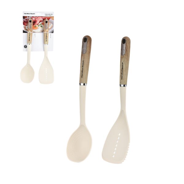 Juego de 2 utensilios Hamilton Beach de nailon color beige con mango suave al tacto.