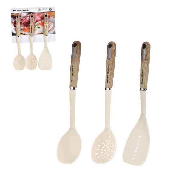 Juego de 3 utensilios de silicona Hamilton Beach con mango de madera suave al tacto color beige.
