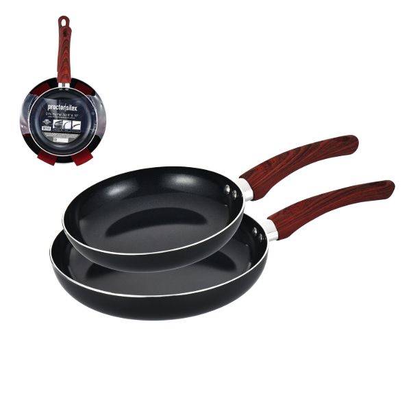 Juego de 2 sartenes PS de 20 y 25 cm, color negro con revestimiento cerámico negro y mango rojo con protector de fieltro.