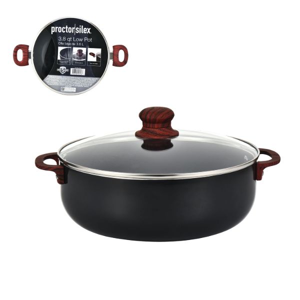 Olla baja de 3.4 l, 2,2 mm, negra con revestimiento cerámico negro y mango rojo.