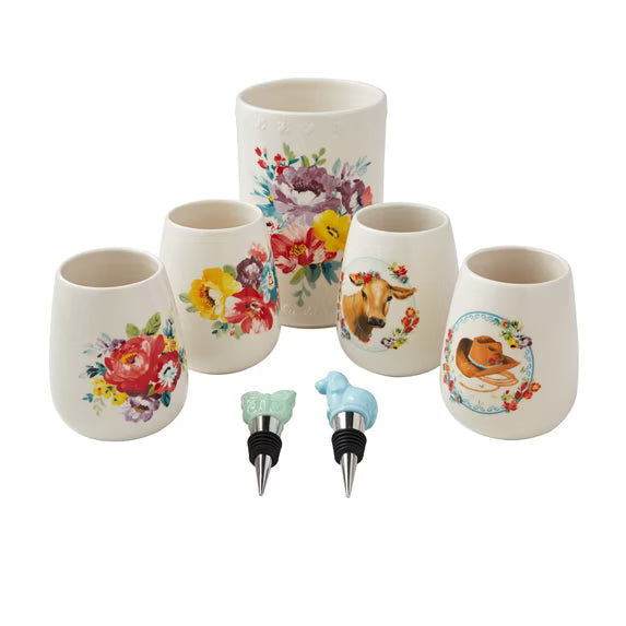 Juego de 7 Piezas de Copas de Vino sin Tallo de Loza con Enfriador Pioneer Woman Sweet Rose