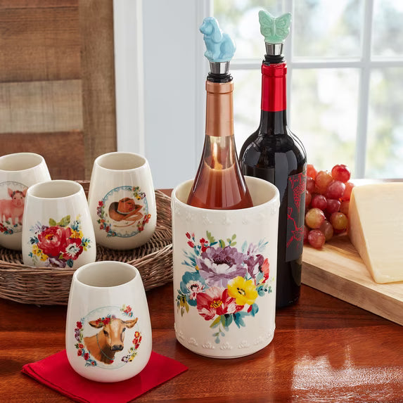 Juego de 7 Piezas de Copas de Vino sin Tallo de Loza con Enfriador Pioneer Woman Sweet Rose