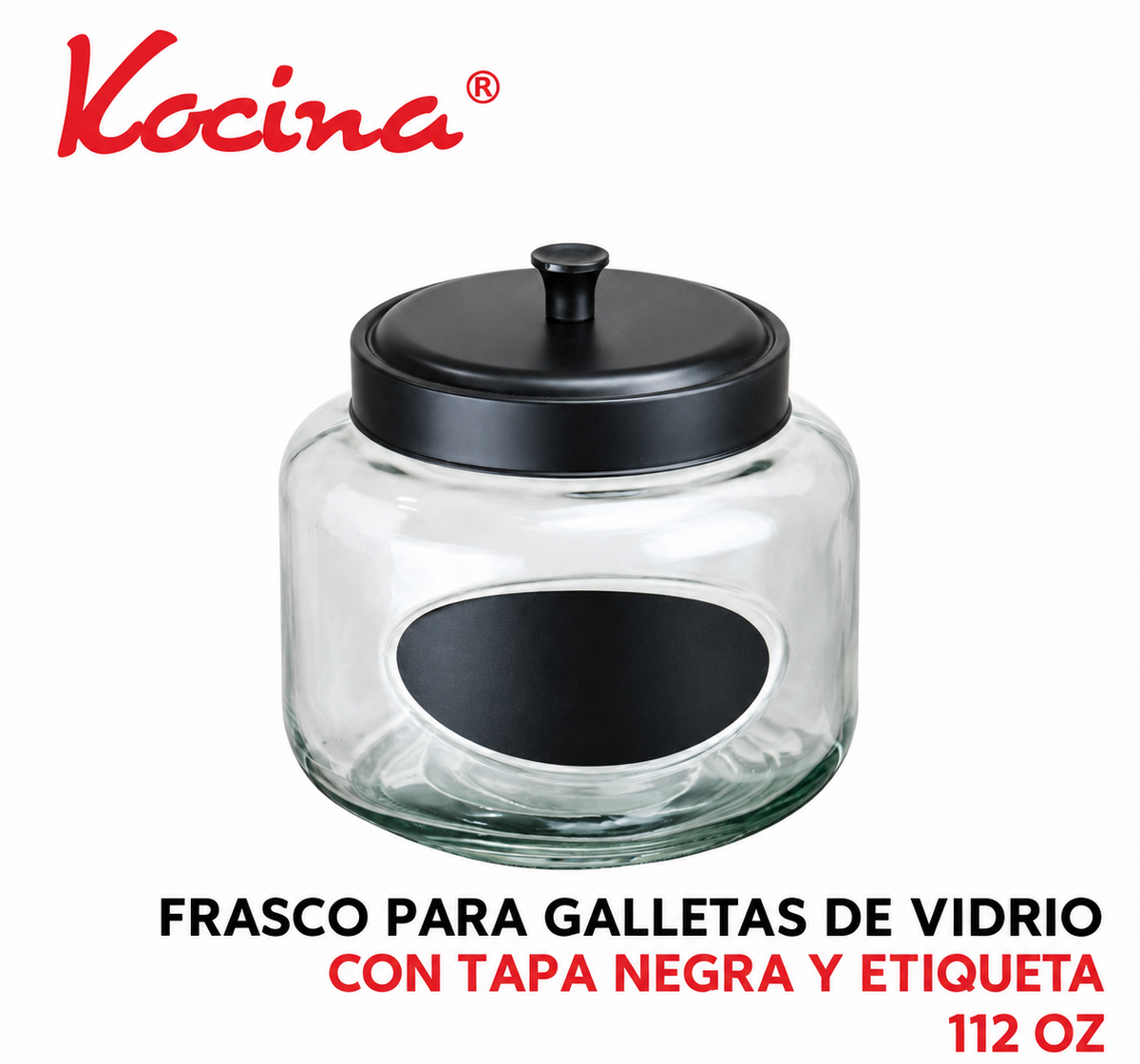 Frasco para galletas de vidrio con tapa negra y etiqueta