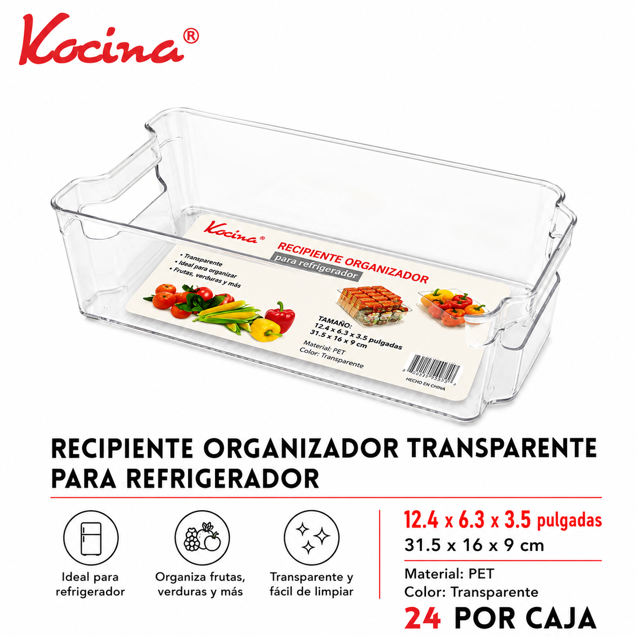Recipiente organizador transparente para refrigerador