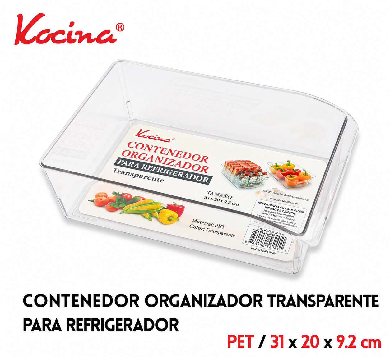 Contenedor organizador transparente para refrigerador